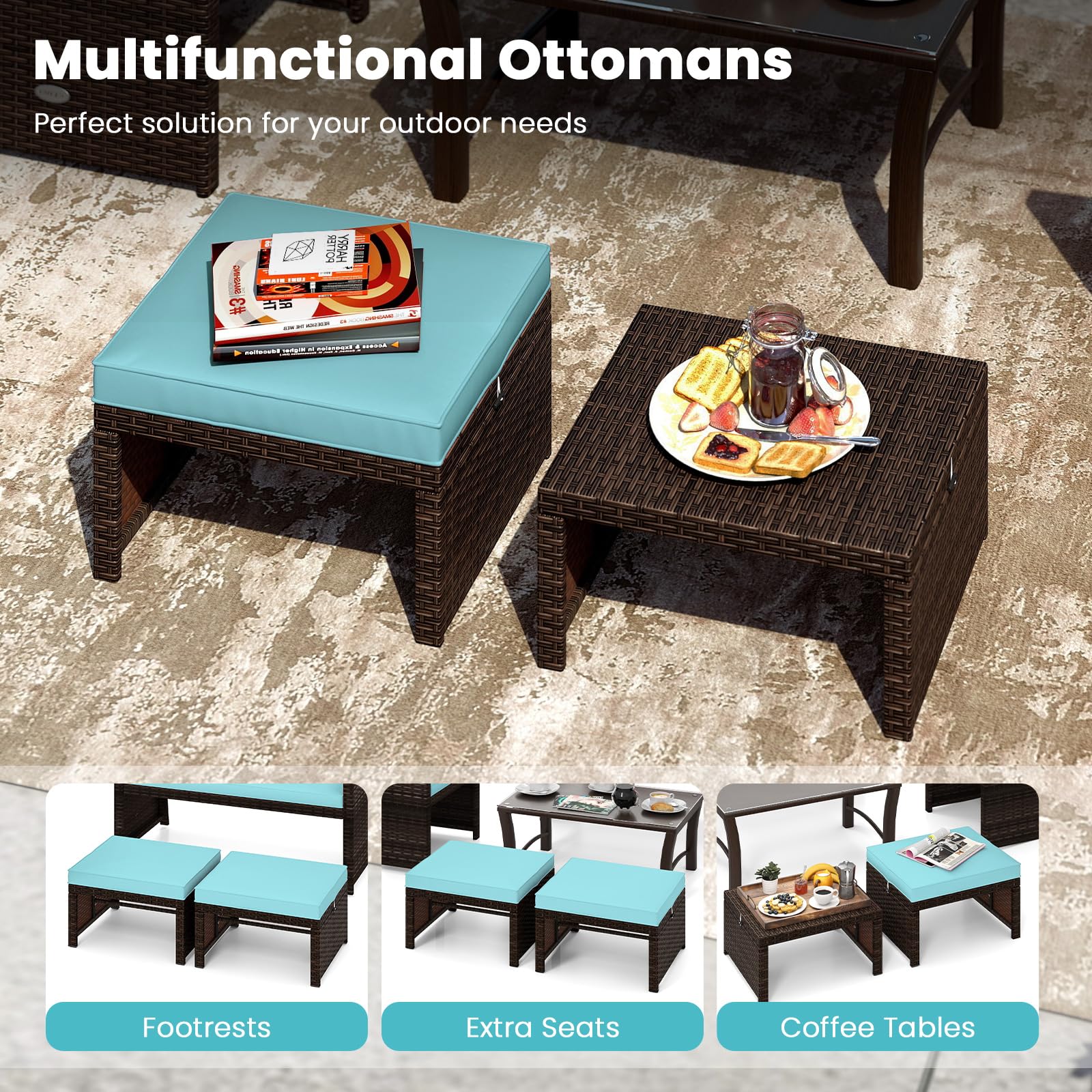 Wicker Outdoor Ottoman Set of 2 with Removable Cushions