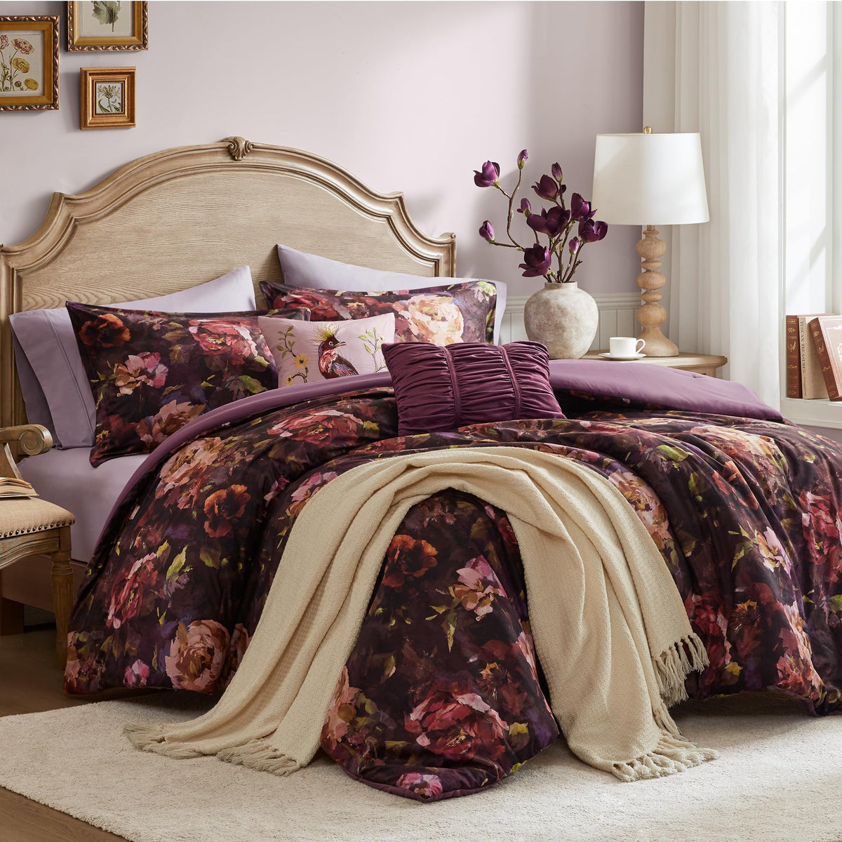 Purple Floral Velvet Queen Comforter Set