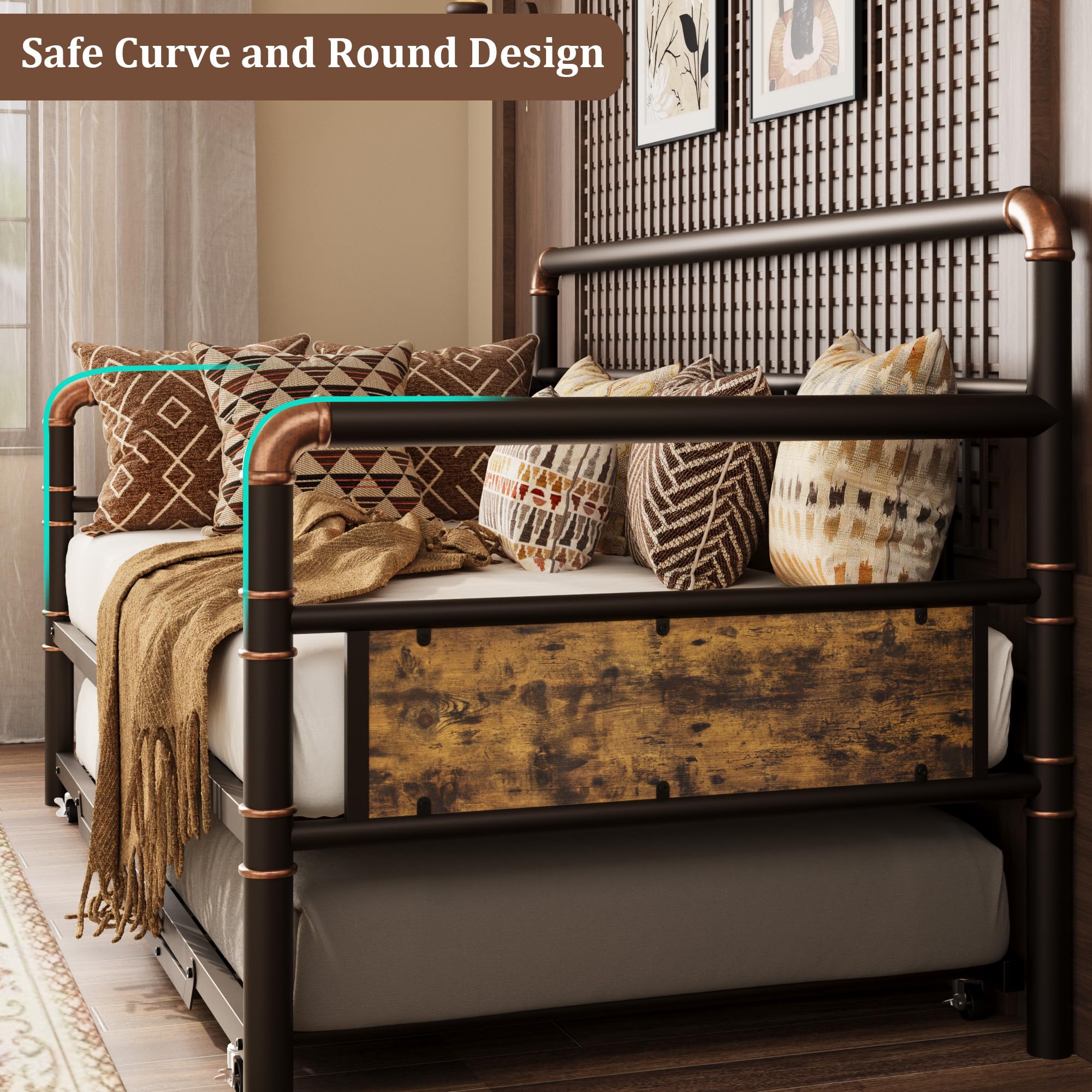 Garvee Metal Daybed Frame Twin Size, Heavy Duty Day Bed with Classic Headboard and Steel Slat Support, Sofa Bed Platform for Living Room Guest Room, No Box Spring Needed，Brown