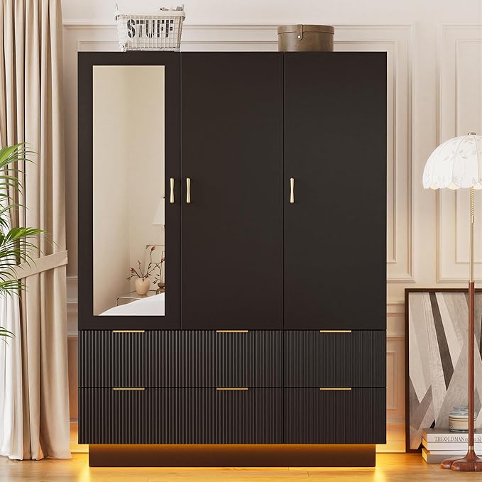 3-Door Wardrobe Closet with Mirror & LED Lights