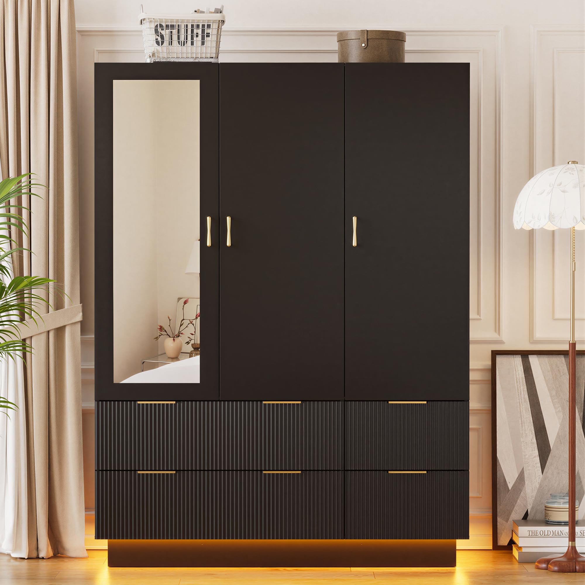 PAKASEPT Large Wardrobe Closet, Armoire Closet with Door and Mirror, LED Lights, Hanging Rod, Drawers, Armoires and Wardrobes for Bedroom (Black)