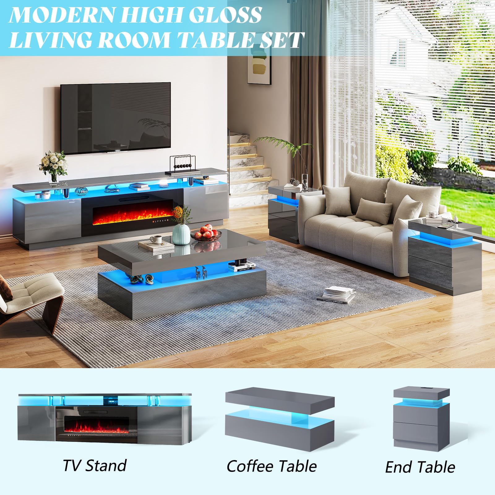 AMERLIFE High Gloss 2-Tier LED Coffee Table, 40" Modern Center Table with LED Lights, Open Storage Space, Minimalism Rectangular Sofa Side Table for Living Room, Gray