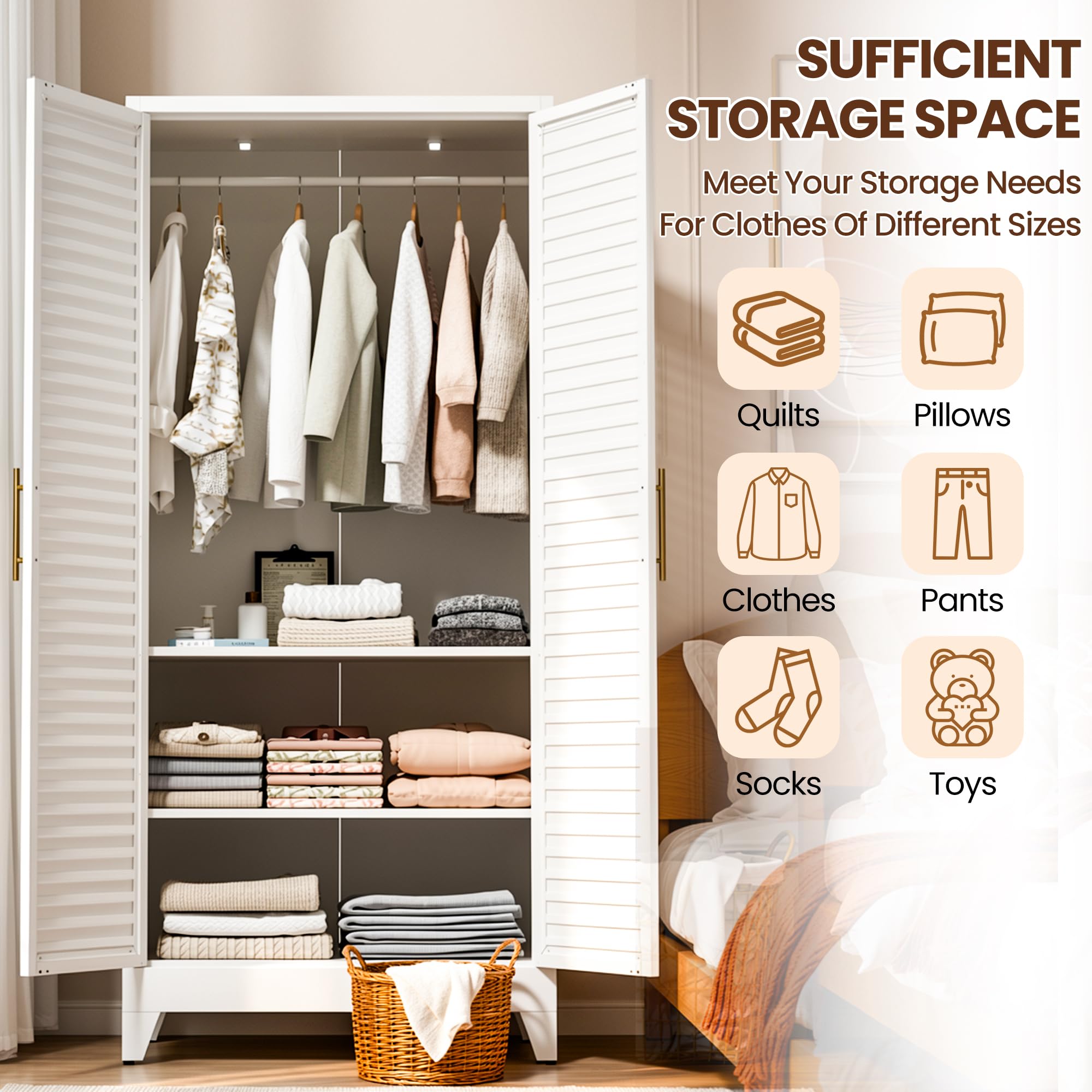 Metal Armoire Wardrobe Closet, 71" Clothing Storage Cabinets with Adjustable Hanging Rod, Louvered Doors, 2 Side Hooks & 2 Adjustable Shelves - Closet Cabinet for Bedroom, Laundry Room, Cloak Room