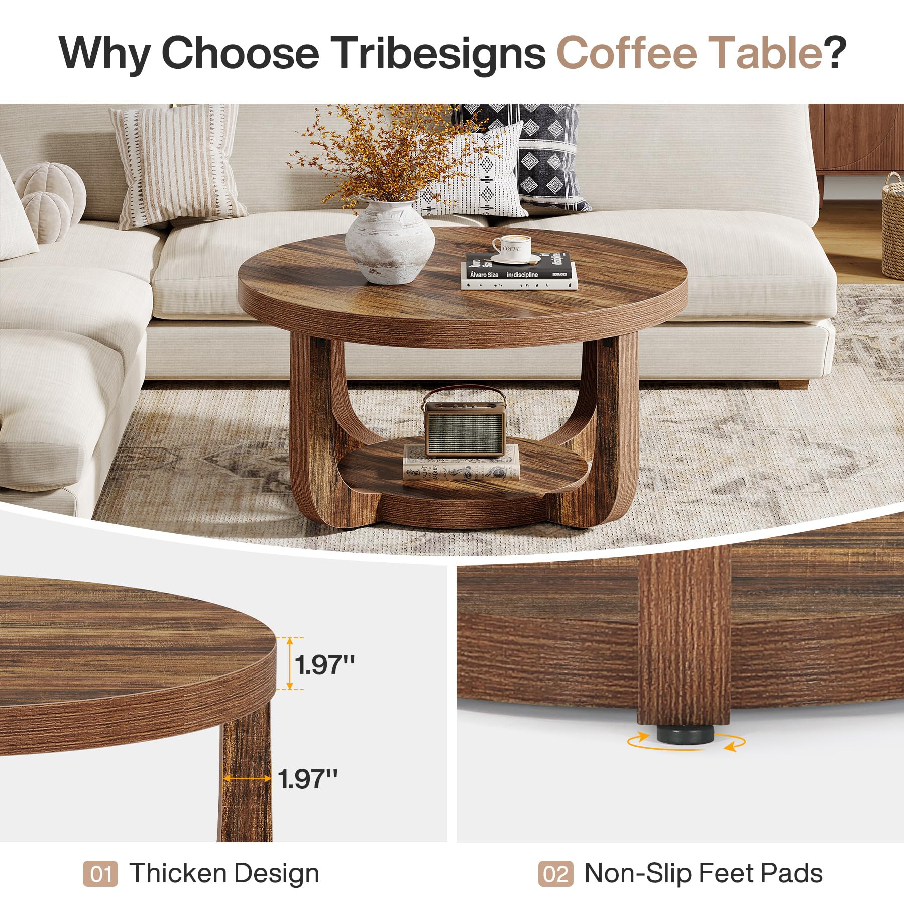 Tribesigns Round Coffee Table, 2-Tier Circle Coffee Table with Storage, Modern Wooden Accent Center Table for Living Room, Thick Tabletop & Base, Dark Brown
