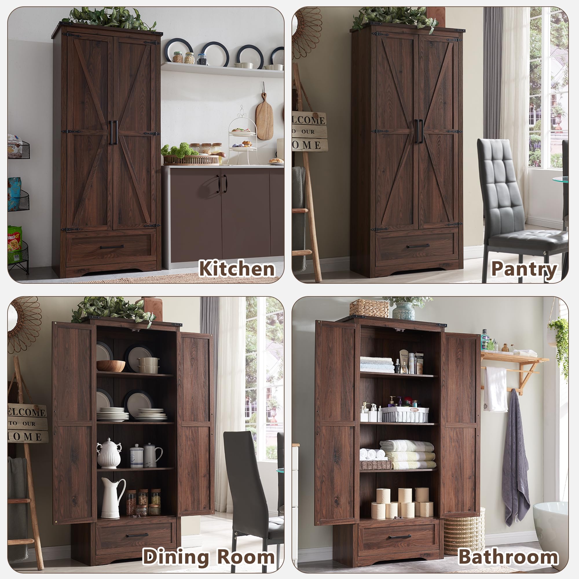 XIASLO 72" Tall Wood Storage Cabinet, Farmhouse Kitchen Pantry Cabinet with Adjustable Shelves & Drawer & Barn Doors, Versatile Storage for Kitchen, Dining Room, Bathroom, Brown