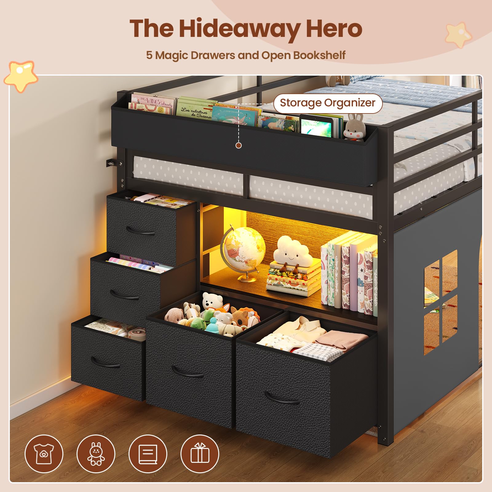Kids Low Loft Bed with Tent, Storage & LED Lights