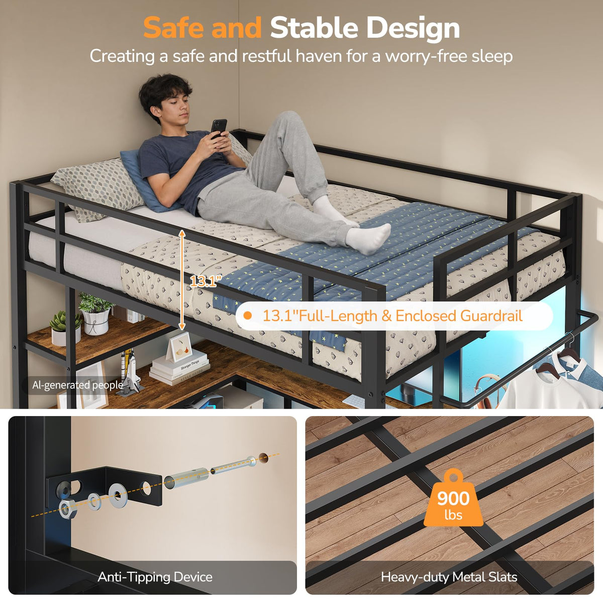 Metal Loft Bed with Desk & Storage