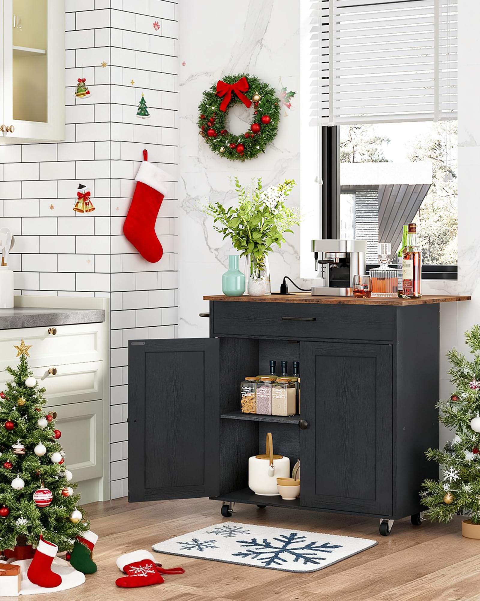 Kitchen Island Cart with Drop Leaf, Power Strip, Cabinet & Drawer