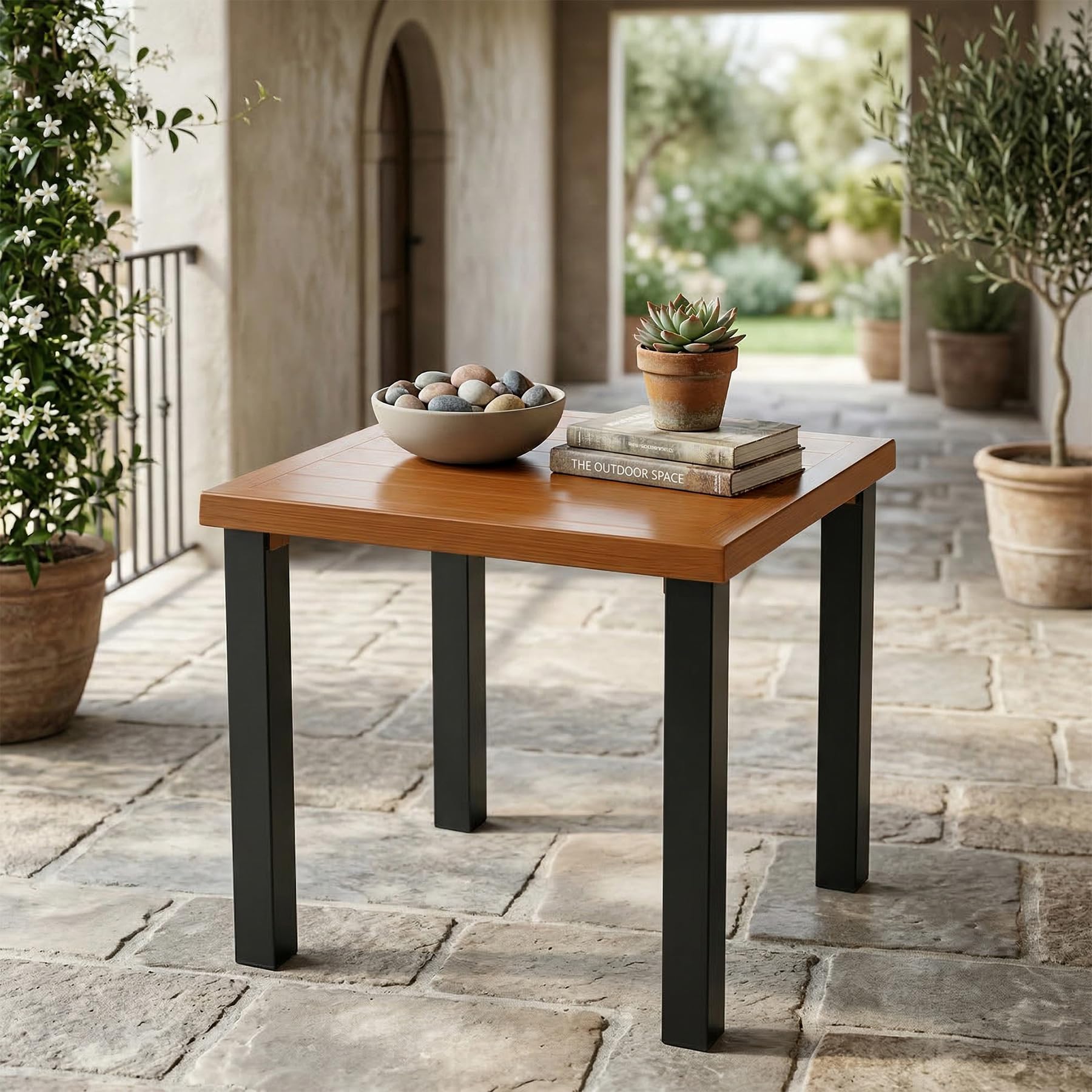Square Outdoor Side Table with Metal Tabletop