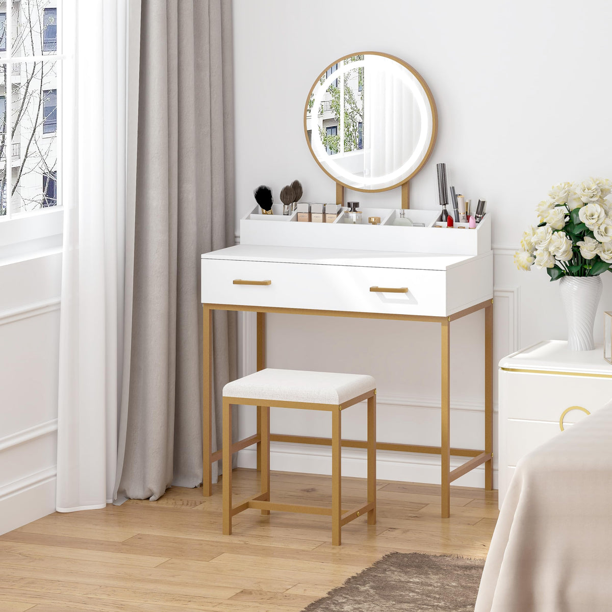 UTEX Makeup Vanity Desk Set with Mirror and Lights White and Gold