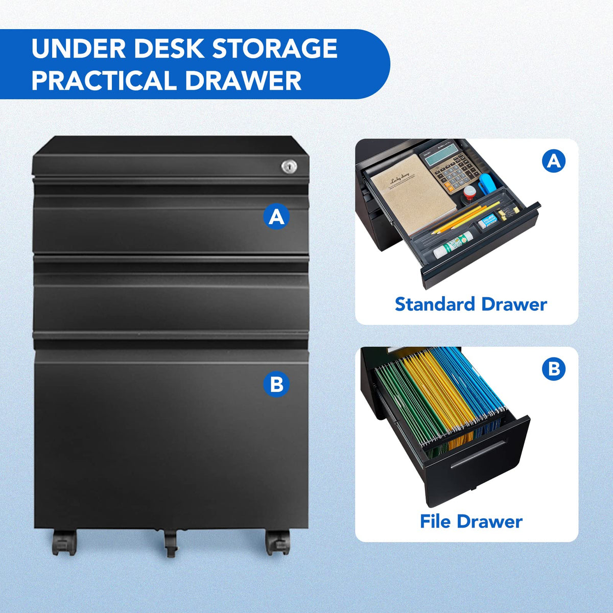 FLEXISPOT 3-Drawer Metal Mobile Filing Cabinet for Home Office - Under Desk Storage with Lock Keys - Legal/Letter/A4 File Organizer - Fully Assembled Except Wheels - Black