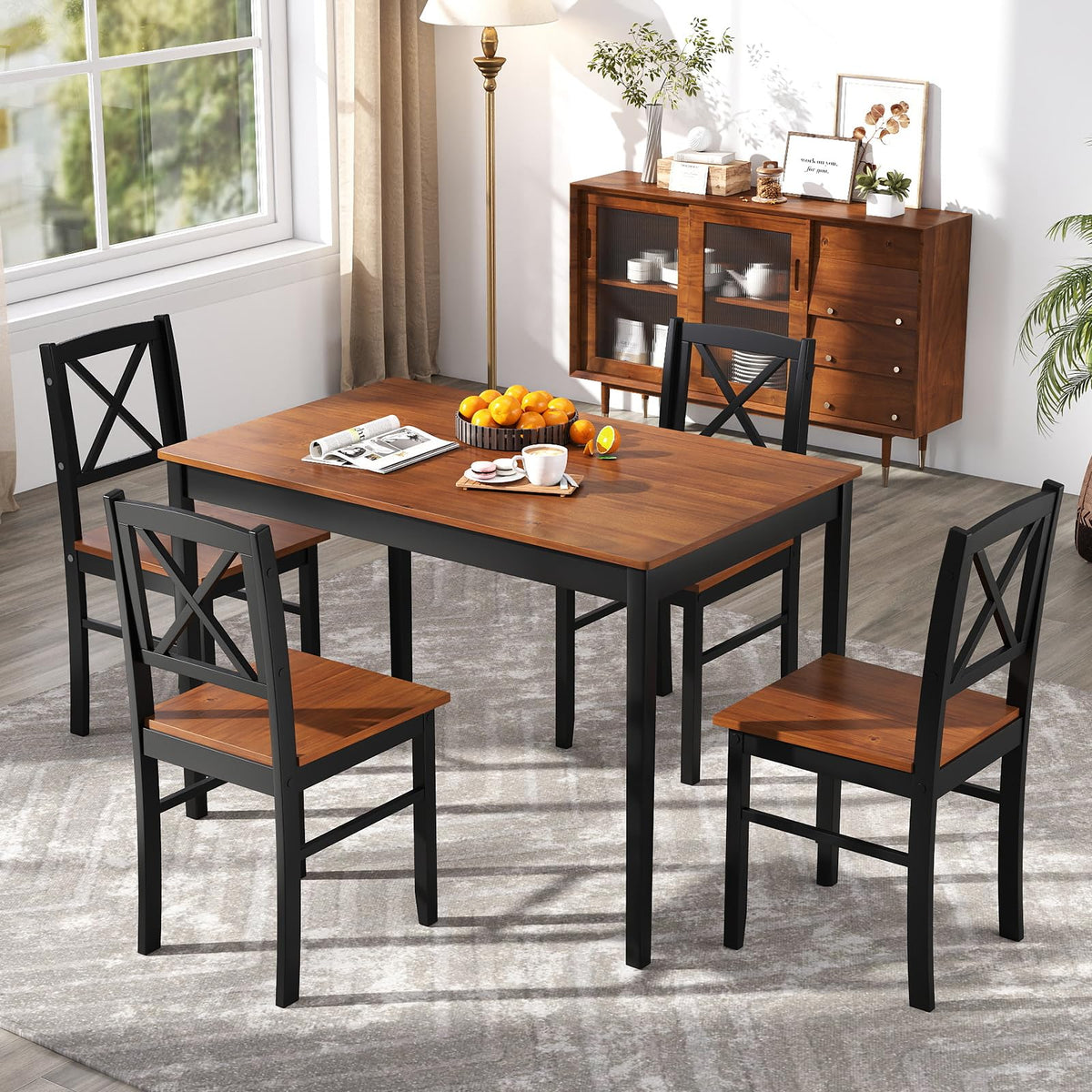 GIANTEX 5-Piece Dining Table Set for 4, Rectangular Kitchen Table & 4 Chairs with Rubber Wood Legs, Cross Backrest, Space-Saving Mid Century Modern Dinette Set for Dining Room, Breakfast Nook, Dinner