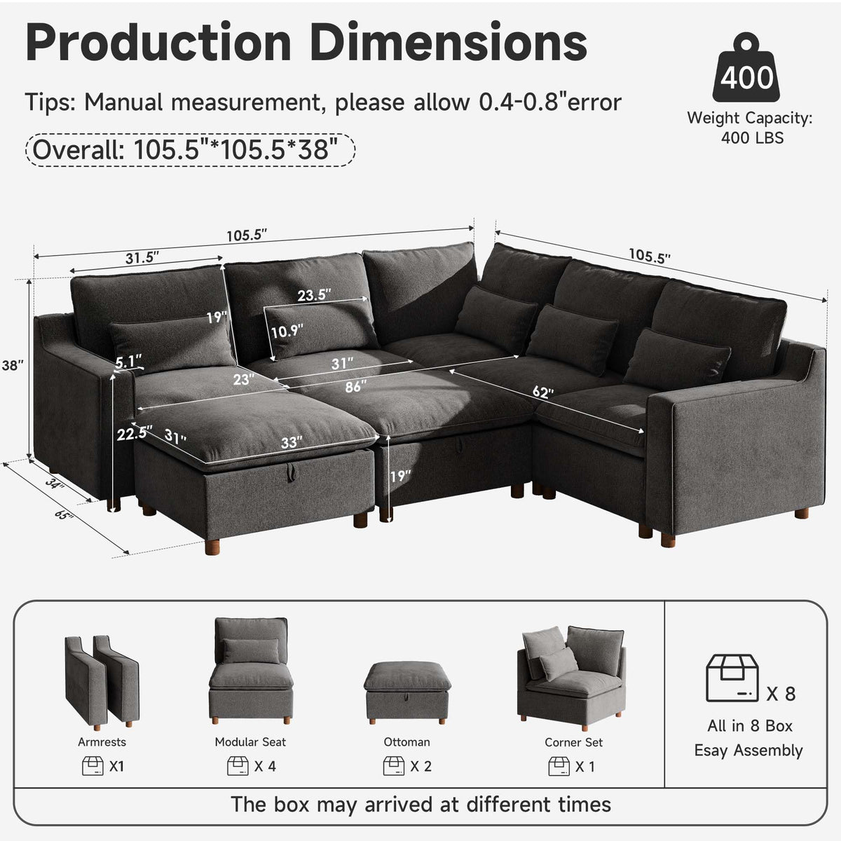Ihanherry 134" Oversized Modular Sectional Sofa with Storage Ottomans, Chenille Cloud Couch with Deep Seat and Seamless Backrest, Couches for Living Room, Grey
