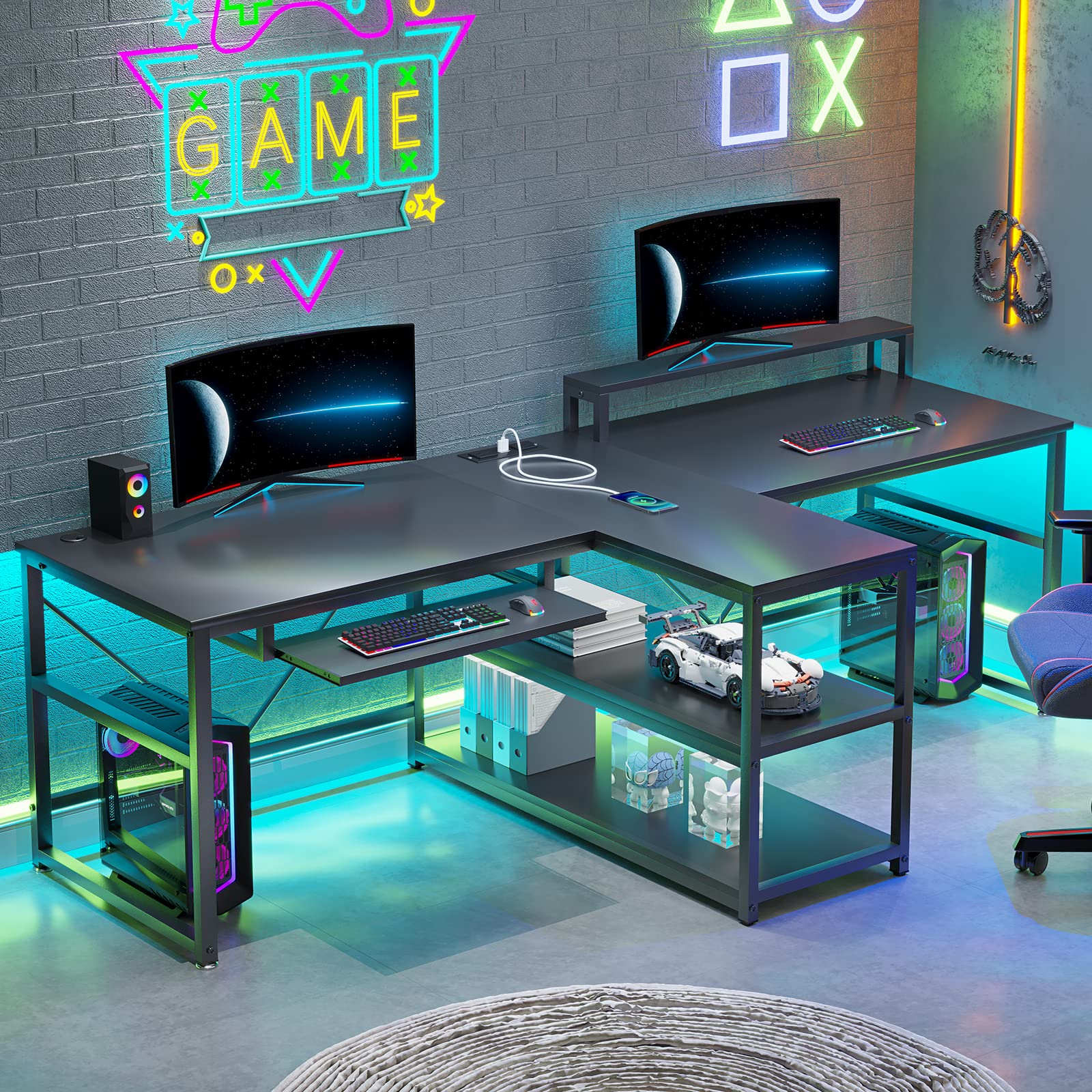 94.5" 2-Person Desk with LED Lights, Storage & Monitor Stand