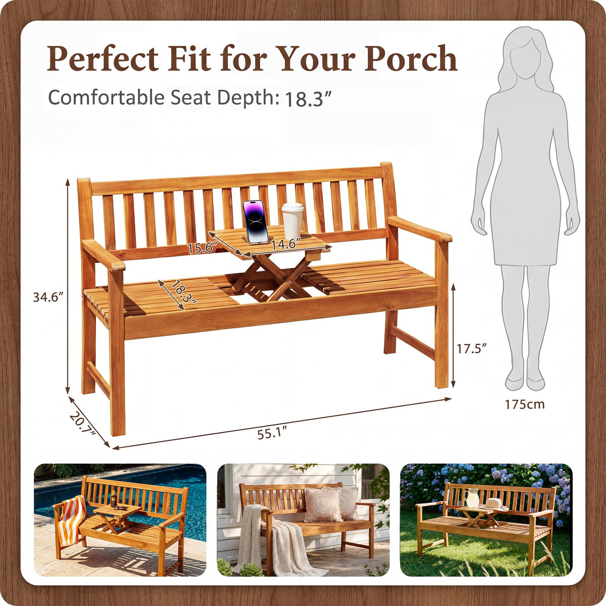 Acacia Outdoor Bench with Pull-Up Table