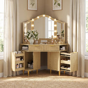 Corner Vanity Desk with LED Mirror & Storage