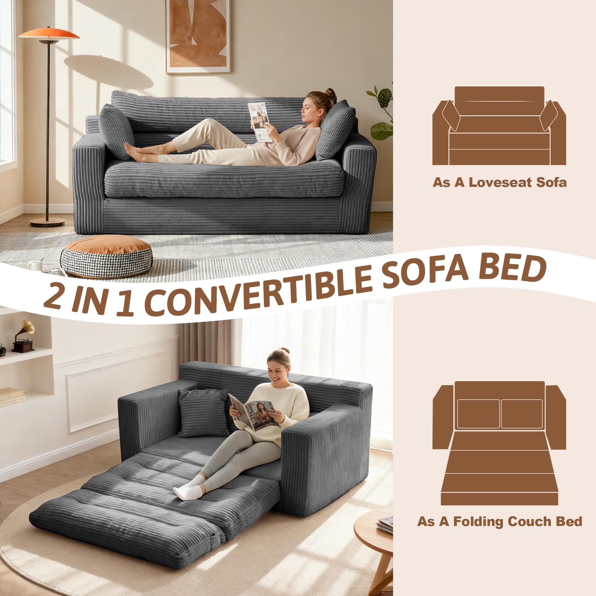 NLDD Convertible Sofa Bed, Pull Out Boneless Couch Loveseat Floor Sofa Bed with Pillows, 2-Seater Folding Sofa Loveseat Boneless Couch for Living Room, Bedroom, Apartment, Office(Grey)