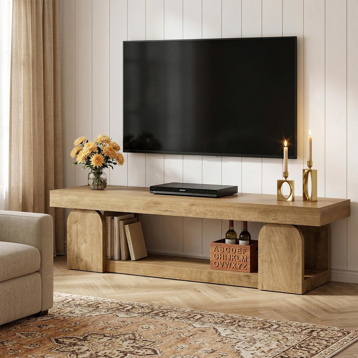 Tribesigns 63" TV Stand for TVs up to 65", Farmhouse Entertainment Center with Open Storage Shelf, Wood TV Media Console Television Stand for Living Room, Bedroom, Natural