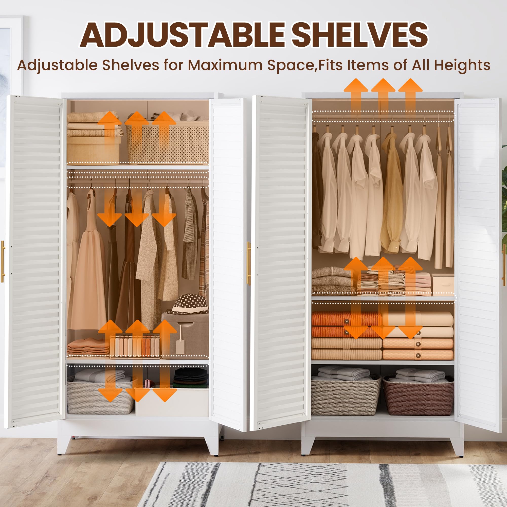 Metal Armoire Wardrobe Closet, 71" Clothing Storage Cabinets with Adjustable Hanging Rod, Louvered Doors, 2 Side Hooks & 2 Adjustable Shelves - Closet Cabinet for Bedroom, Laundry Room, Cloak Room
