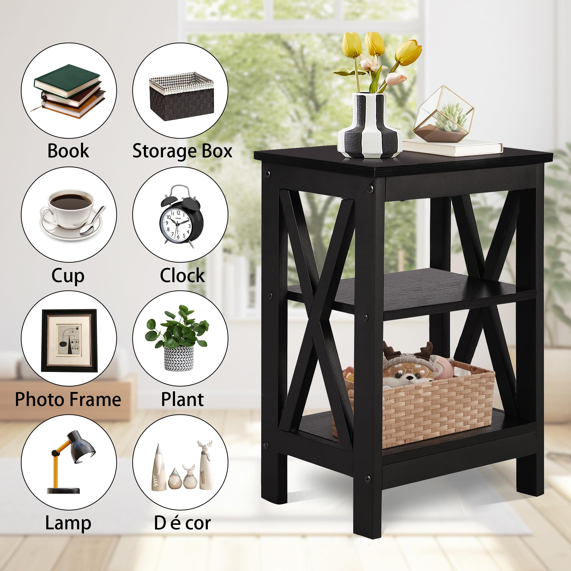 Nightstand End Table Set of 2 with Storage Shelf, X-Design