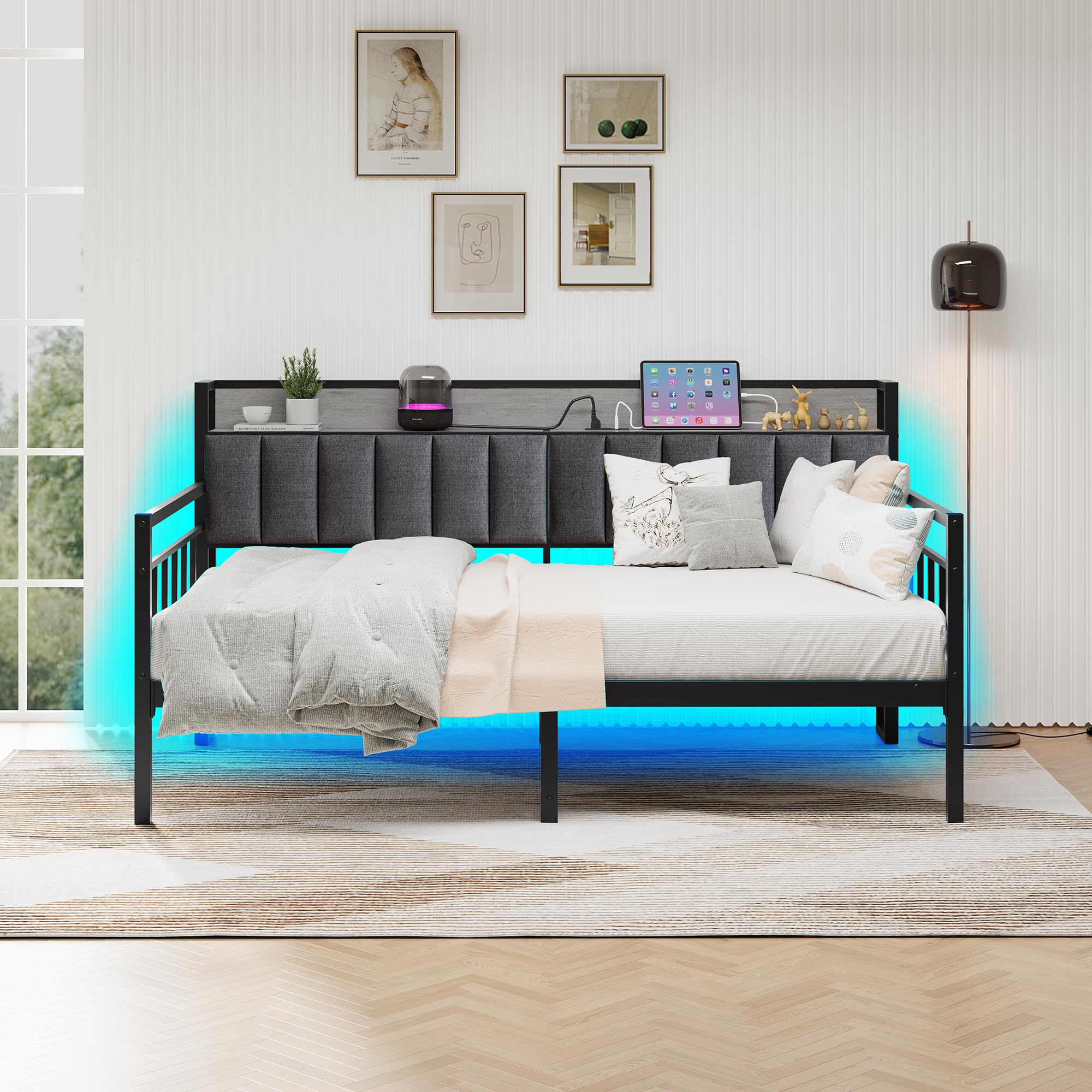 BOFENG Metal Daybed Frame Twin Size with Charging Station,LED Light,Metal Twin Bed Frame with Upholstered Headboard with Strong Steel Slats for Living Room,Bedroom and Guest Room
