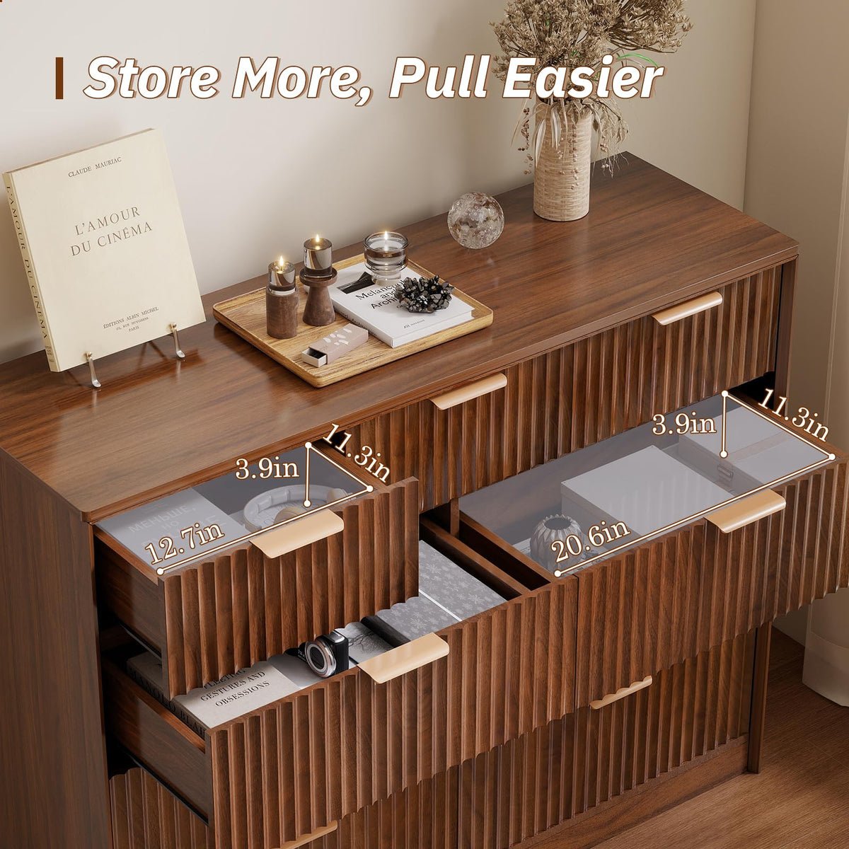 LYNCOHOME Fluted Tall Dresser for Bedroom, 9 Drawer Chest of Drawers,Walnut