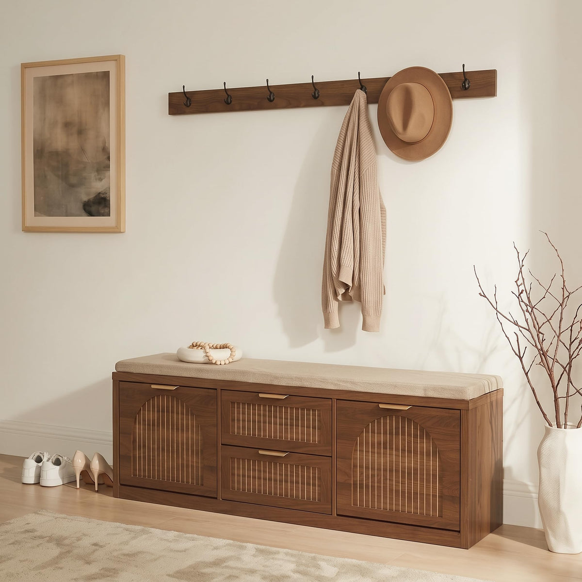 WINWY Shoe Storage Bench with Coat Rack, Flip Doors & Cushion, Walnut