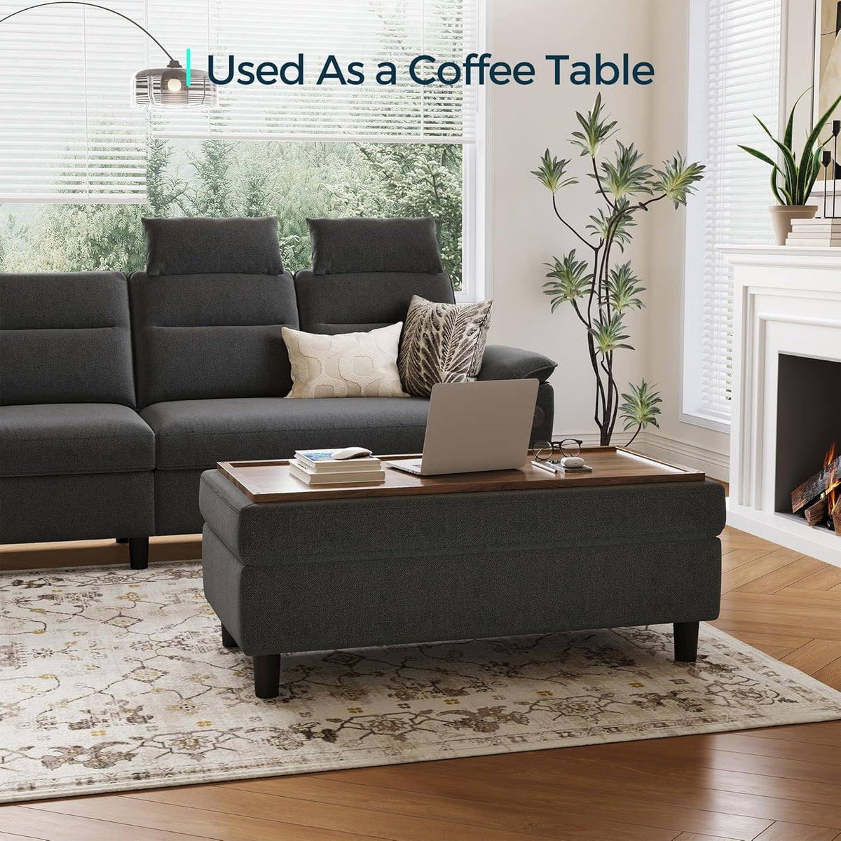 LINSY HOME 46 Inches Wide Storage Ottoman Bench, Linen Coffee Table Long Shoes Bench Footstool, Storage Chest, Foot Rest Stool, for The Living Room, Entryway and Family Room (Dark Gray)