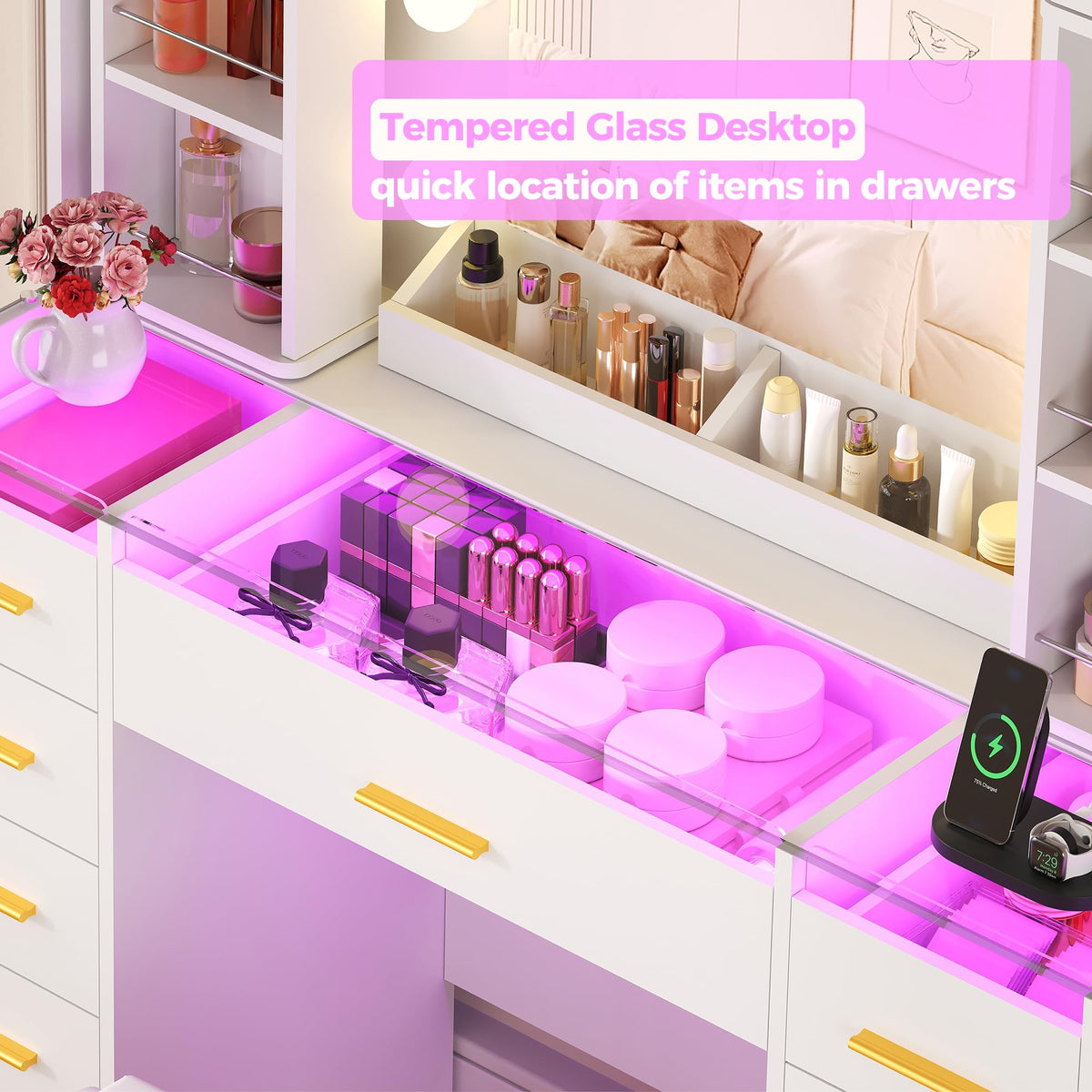 YUNSCEND Makeup Vanity Desk with Mirror and Lights, 360° Rotating Organizer