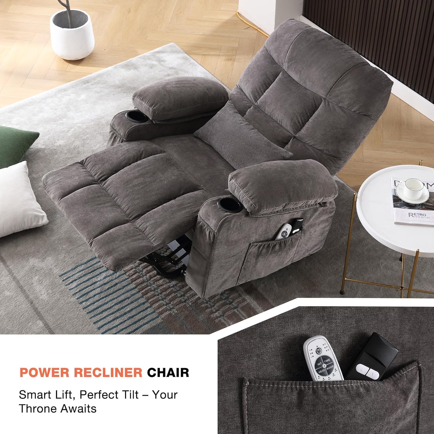 Ultra Wide Power Lift Recliner Chair for Elderly,Rotating Lounge Chair with Hot Massage Heating and Auxiliary Standing Function,Oversized Lazyboy Single Sofa with Cup Holder for Living Room (Grey)