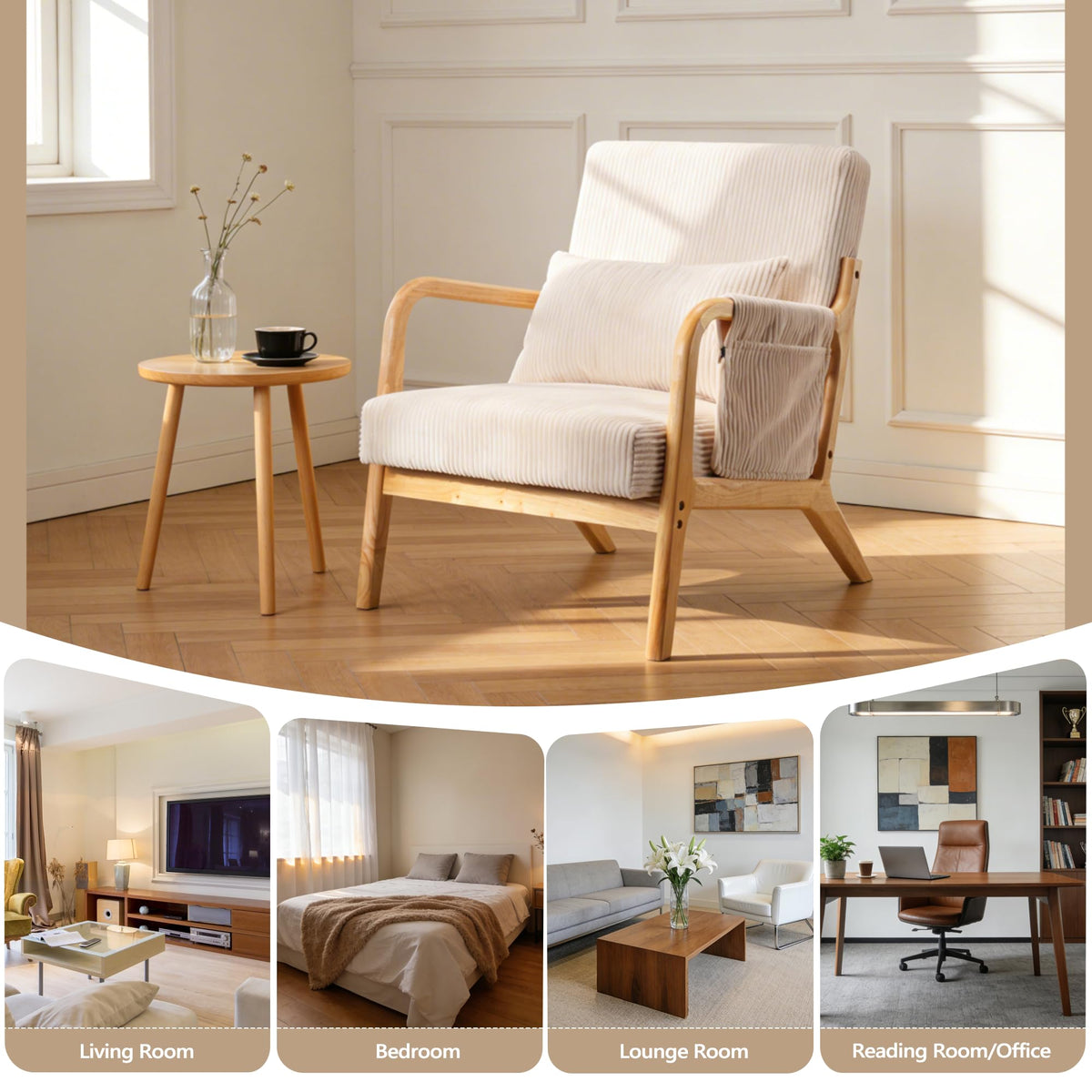 Beige Corduroy Accent Chair with Pocket