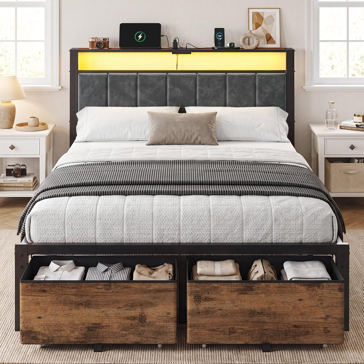 Kbun Full Size Bed Frame with Upholstered Headboard and 2 Storage Drawers