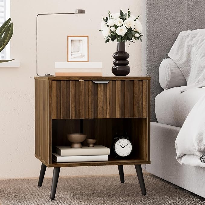 Walnut Nightstand with Embossed Checkerboard Drawers