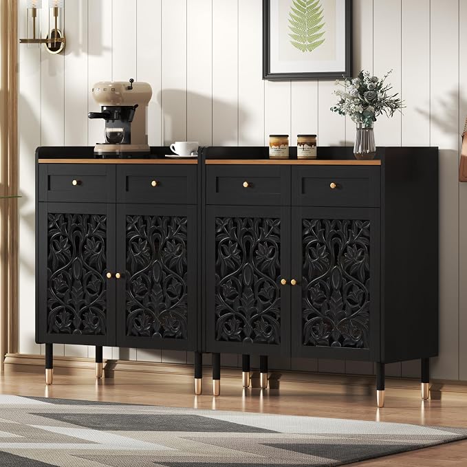 Carved Wood Sideboard with Drawer