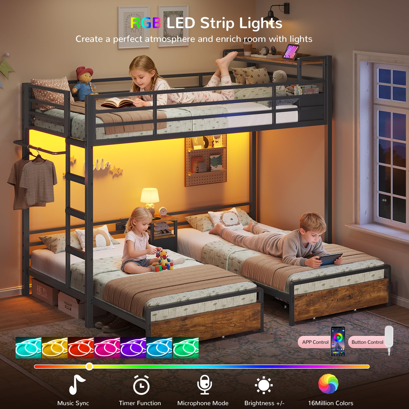 Triple Twin Bunk Bed with LED Lights & Storage