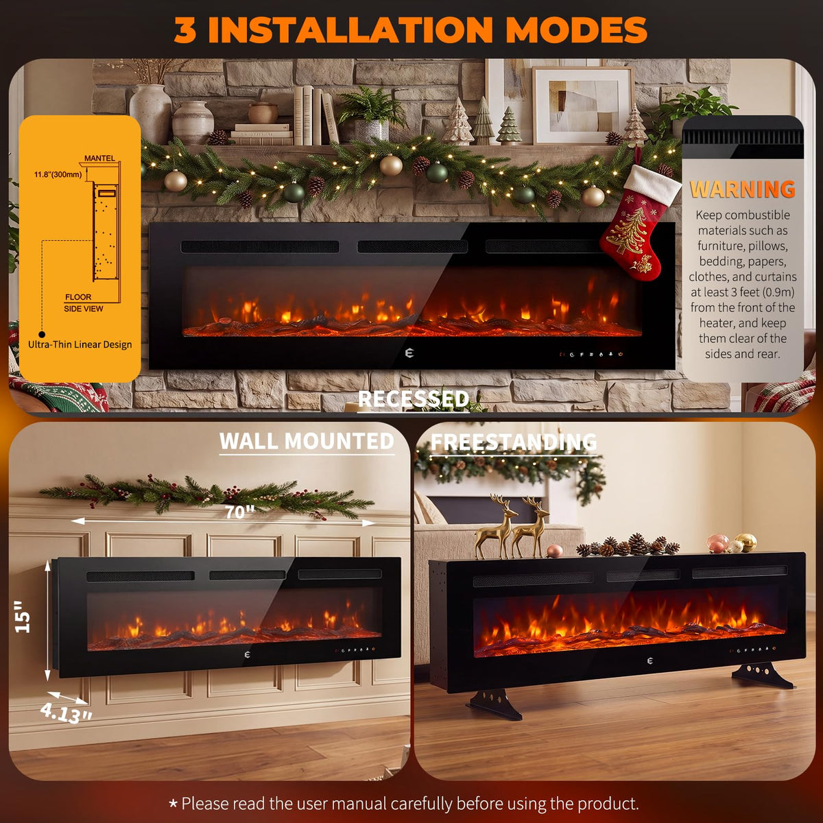 BINMIT 70 Inch Recessed and Wall Mounted Linear Electric Fireplace Insert