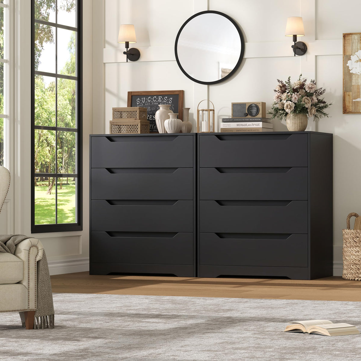 HOSTACK Modern 4 Drawers Dresser, Wood Chest of Drawers with Storage, Black