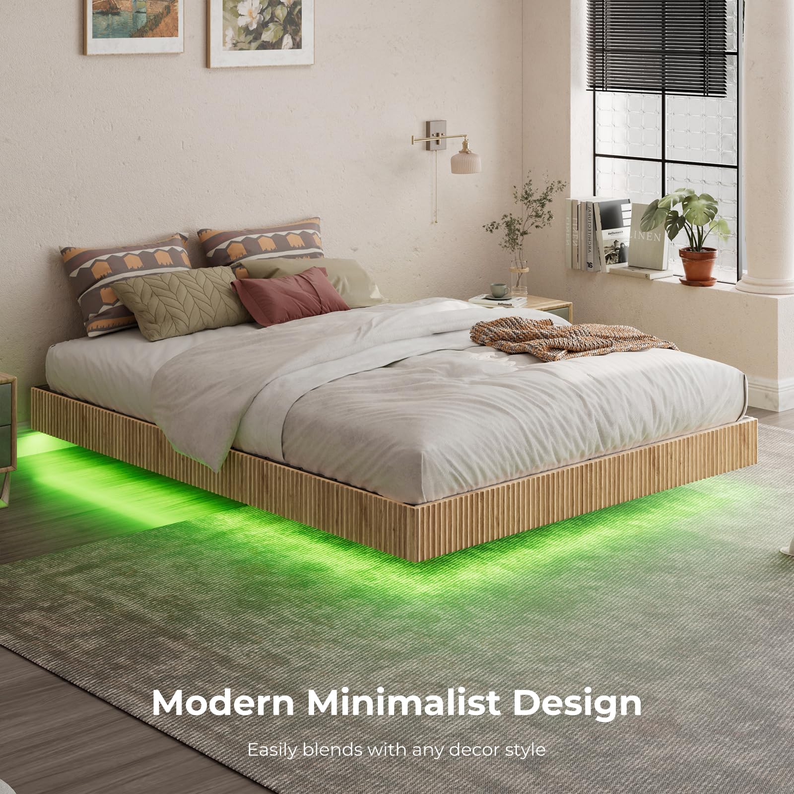 Fluted Floating Bed Frame with LED Lights & 2 Nightstands