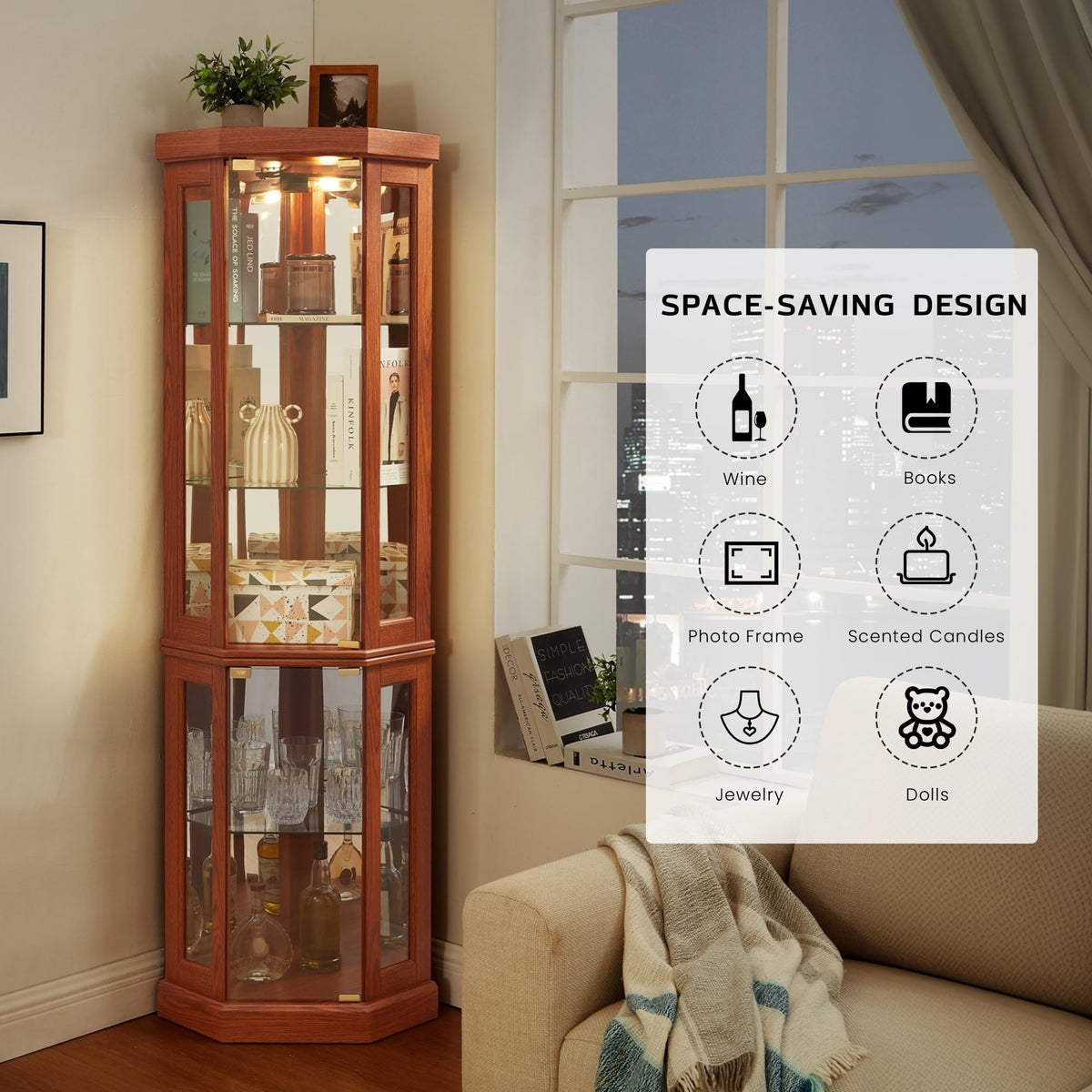 Eyisean 70" Lighted Display Cabinet,Corner Curio Cabinet with Glass Doors