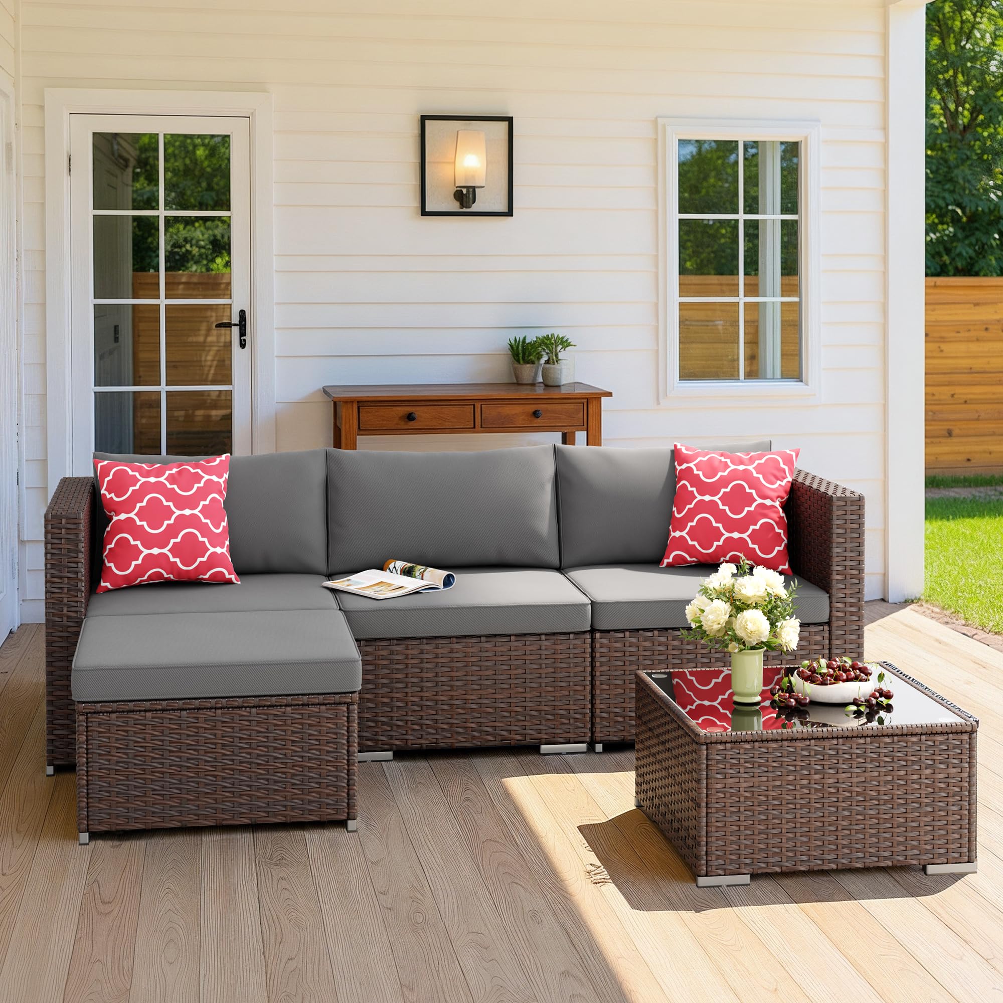 5-Piece Outdoor Wicker Sectional Set with Cushions & Glass Table