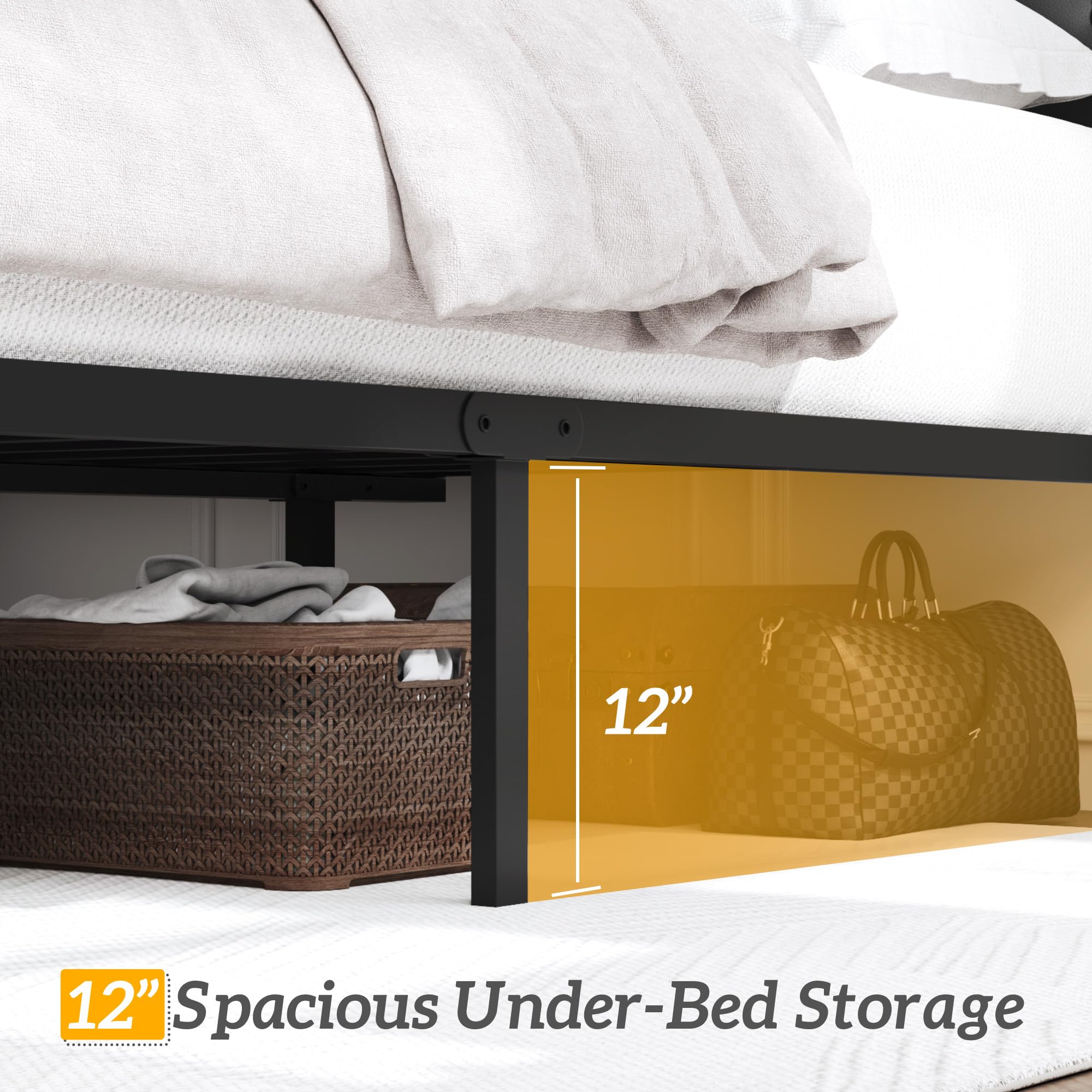 HISOFT Queen Bed Frame with Upholstered Button Tufted Headboard, Bed Frame Platform Metal Slats Support, Under Bed Storage, No Box Spring Needed, Noise-Free, Easy Assembly, Black