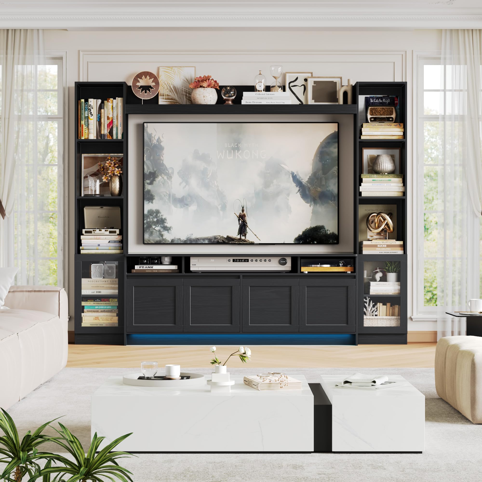 FACBOTALL 79" W Entertainment Center with Bookshelves & Storage Cabinet, Modern Wall Unit TV Stand for TVs up to 60", Large TV Console with LED Lights for Living Room, Black