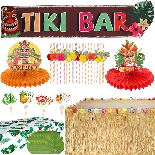 Tiki Bar Hut Kit with Grass Skirt & Flower Garland