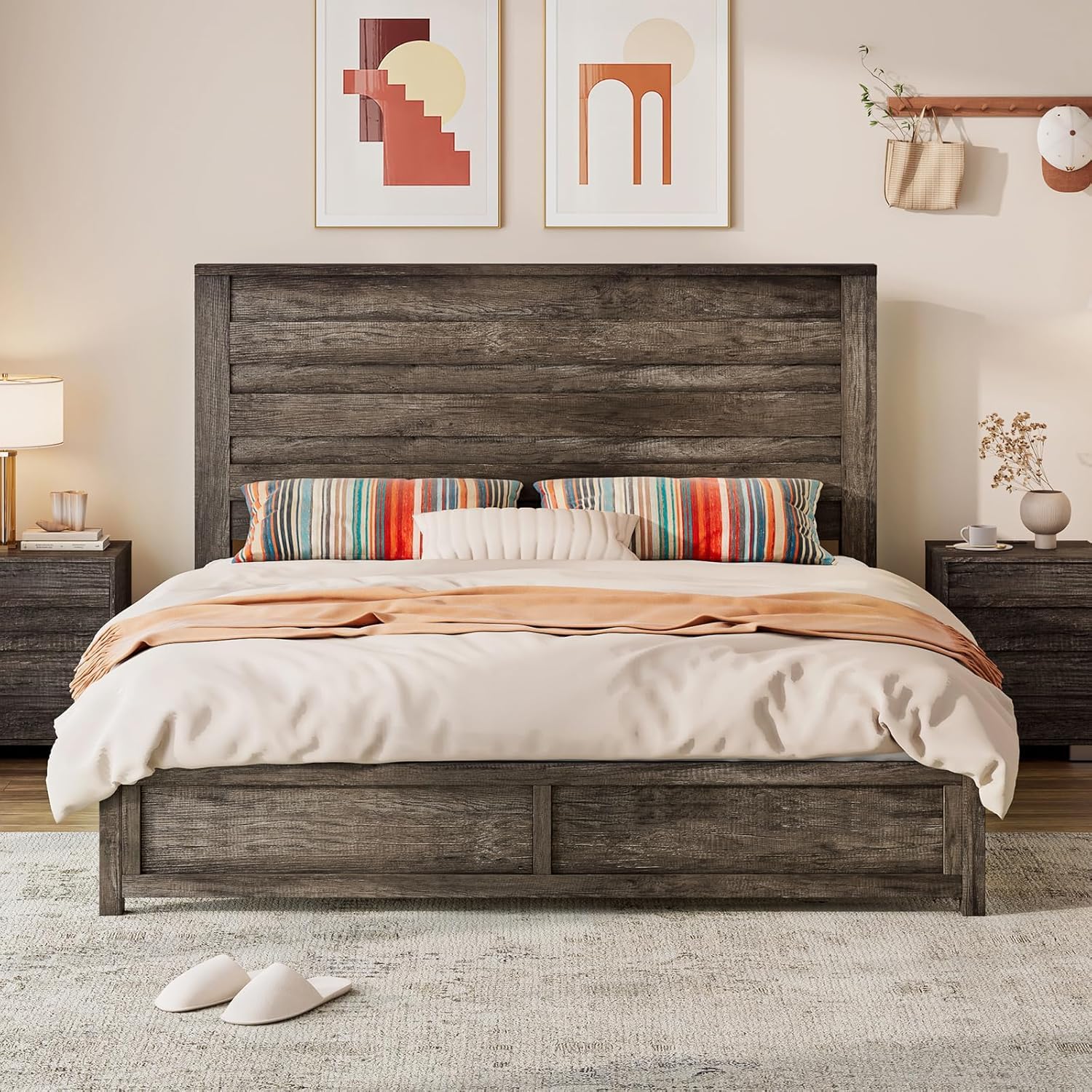 LUXOAK 2 Pcs Bedroom Furniture Sets - Includes 1 X Farmhouse 5 Drawers Dresser, 1X Farmhouse Full Size Bed Frame with 49" Tall Headboard, Wooden Platform Bed with Hidden Metal Bed Frame, Rustic Grey