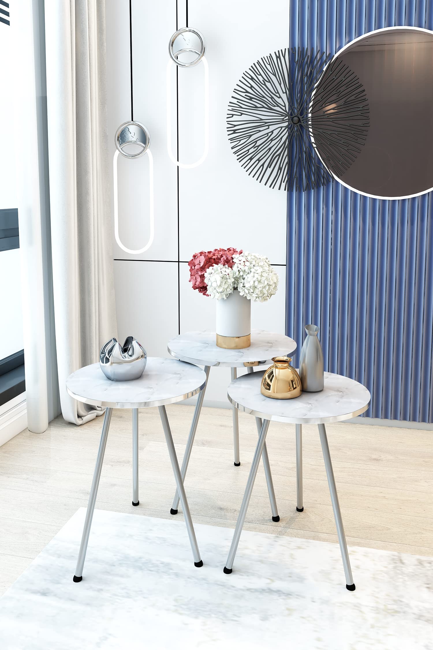 Round Nesting Tables Set of 3 – White Marble & Silver