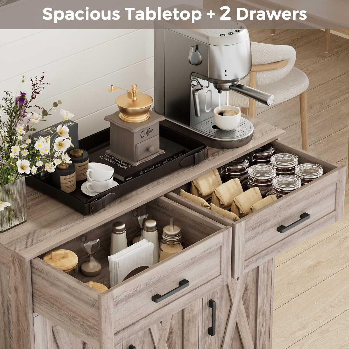 Homhedy Coffee Bar Storage Cabinet with Drawers, Kitchen Buffet Cabinet
