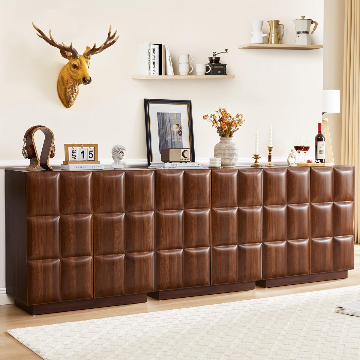 XUZENEST Set of 3 Sideboard Buffet Cabinet with Storage, Modern Accent Cabinets with Adjustable Shelves, 6 Doors Coffee Bar Buffet Table Credenza for Living Room Kitchen Hallway,Walnut