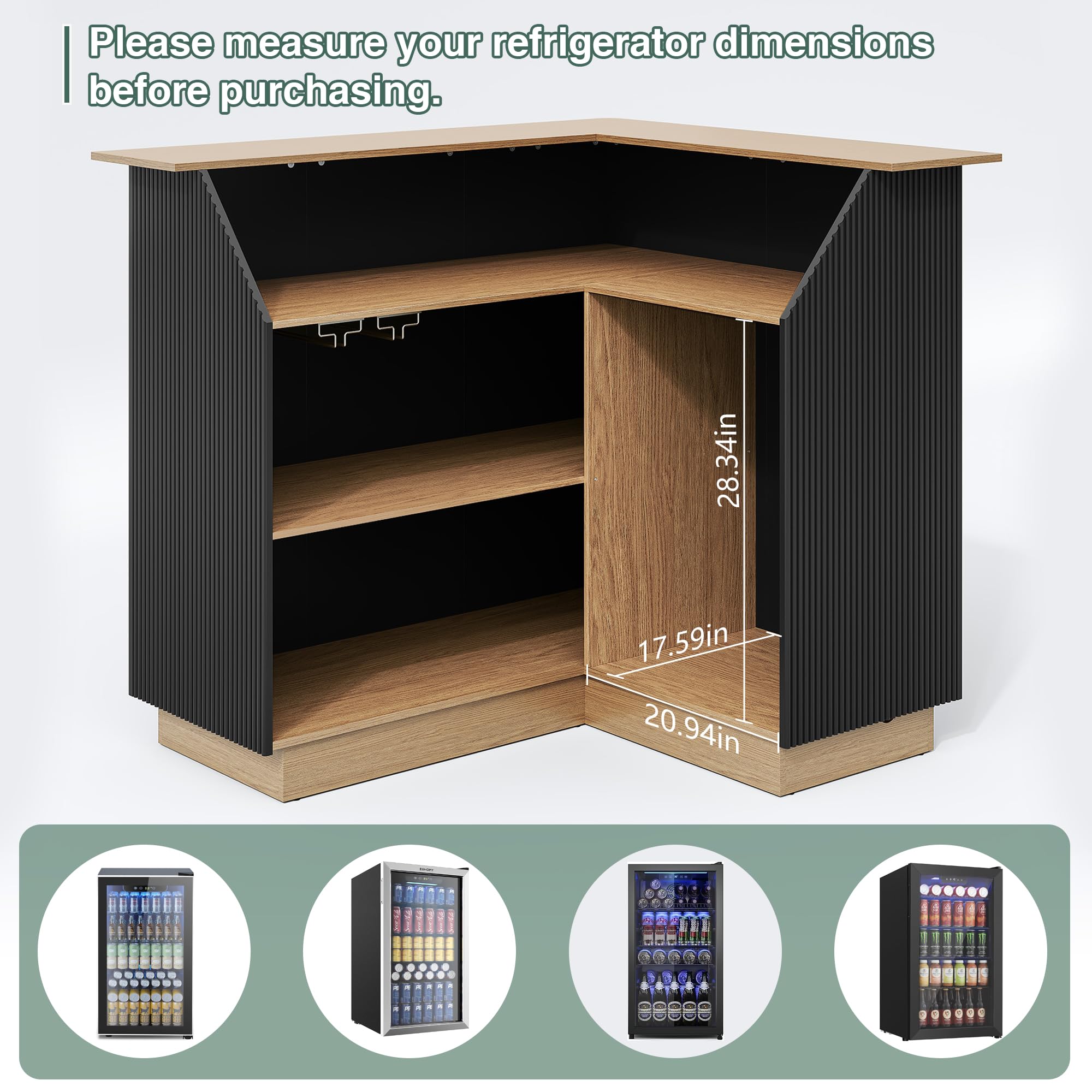 ARTPOWER L Shaped Home Bar Cabinet with Fridge Space, Oversized Modern Basement Coffee Bar Table with LED Strip, Fluted 4-Tier Corner Wine Cabinet with Stemware Racks for Dining Living Room, Black