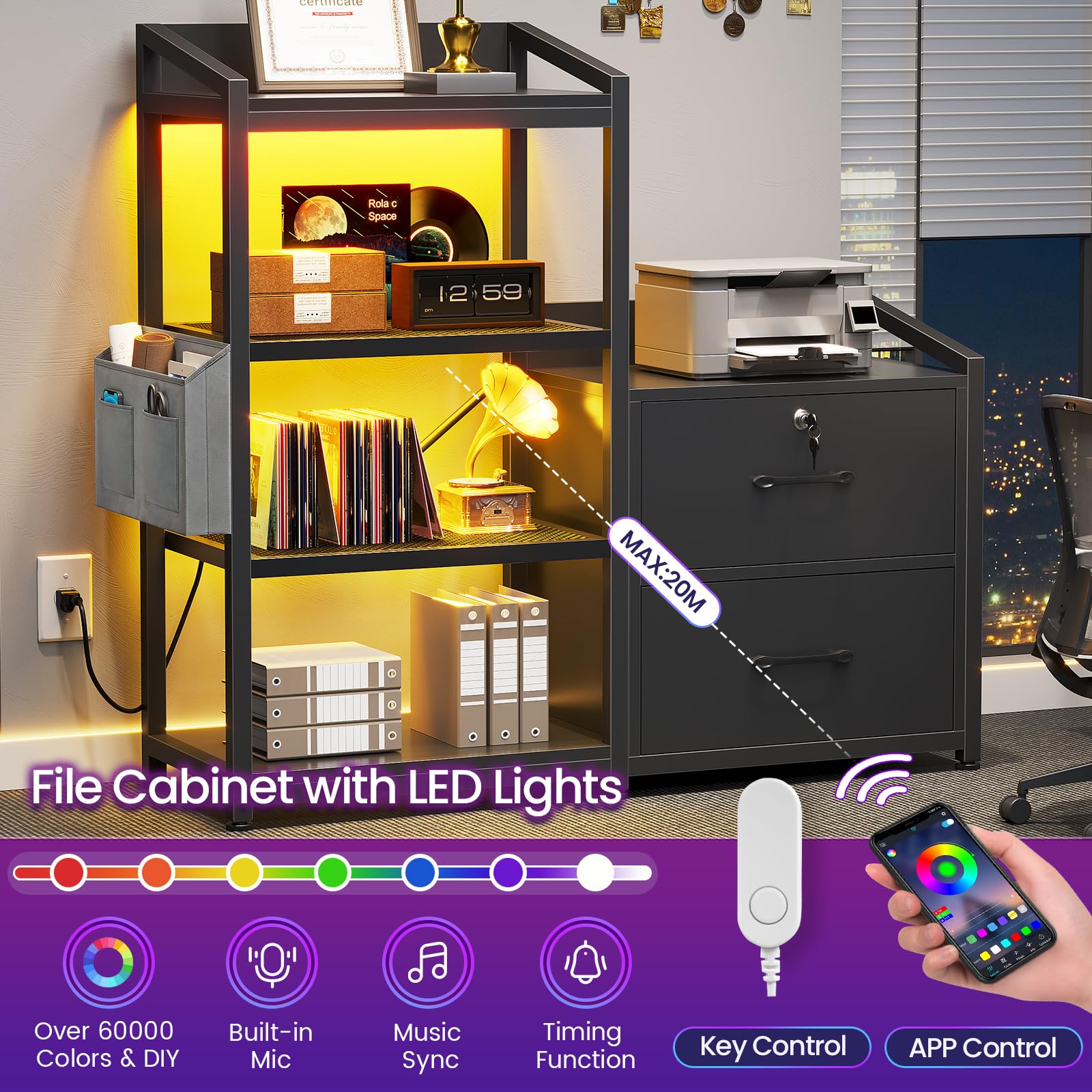 2-Drawer File Cabinet with Power Strip & LED Lights