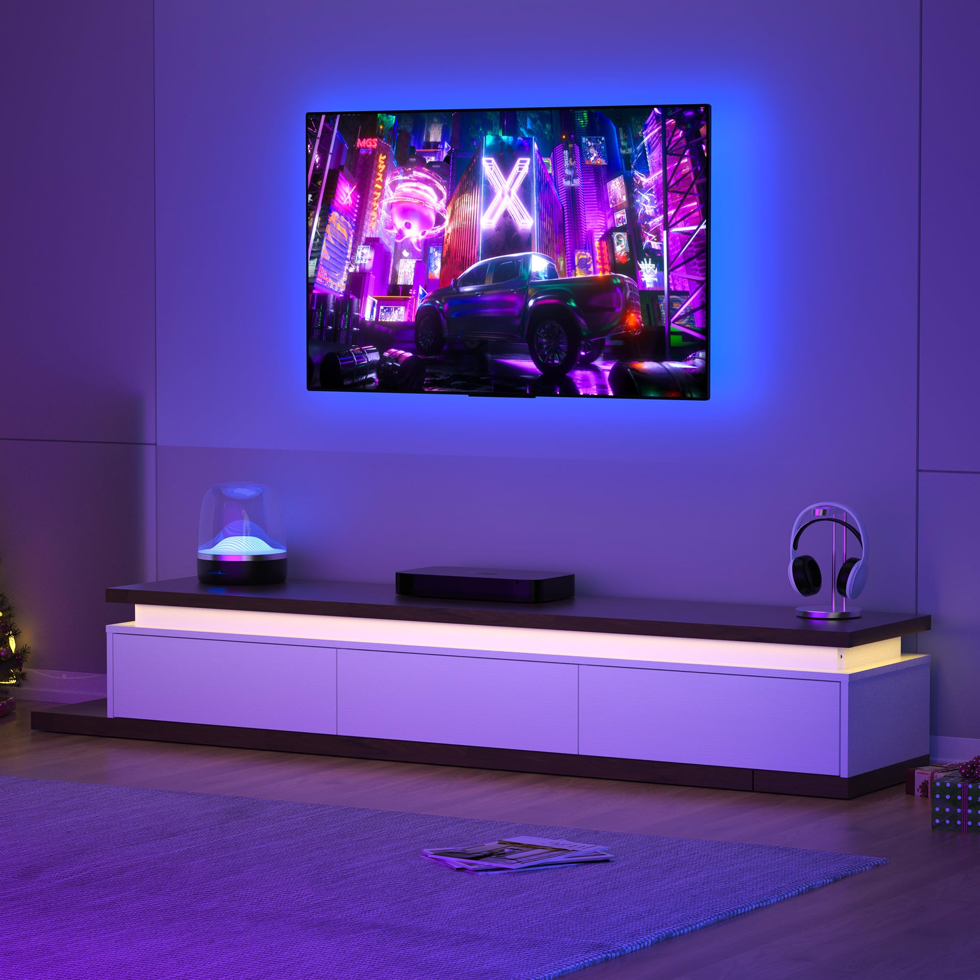 Betterhood Extendable TV Stand with LED Lights (80” - 106”), Wood Entertainment Center for Up to 120" TV, Modern Reversible TV Console with Three Drawers, Living Room, Bedroom (White)